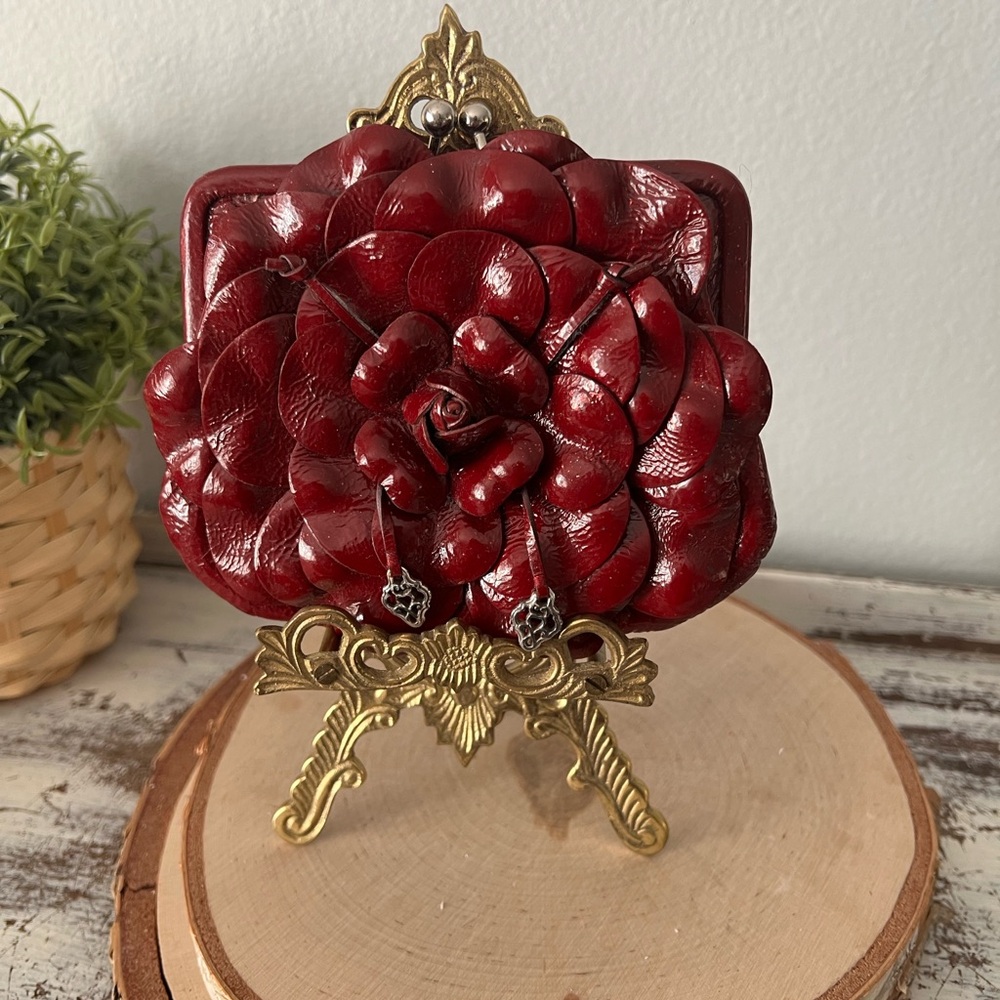 Brighton Rosalie Red Burgundy Patent Leather Flower Kiss Lock Crossbody Bag